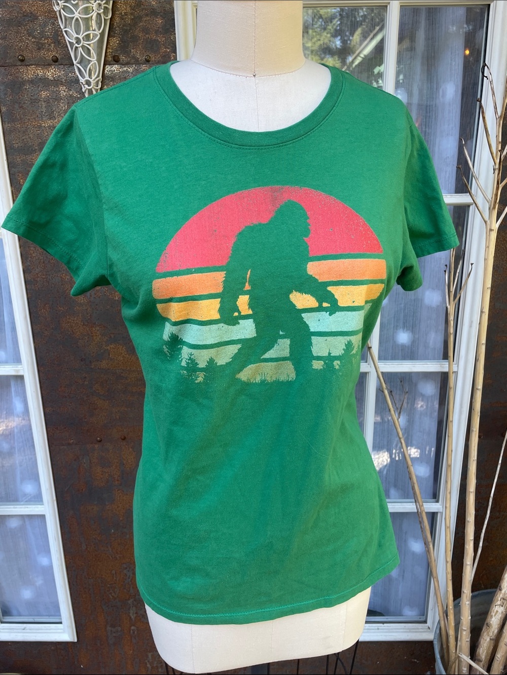 Port and Company Green Short Sleeve Tee with Sunset Sasquatch Graphic